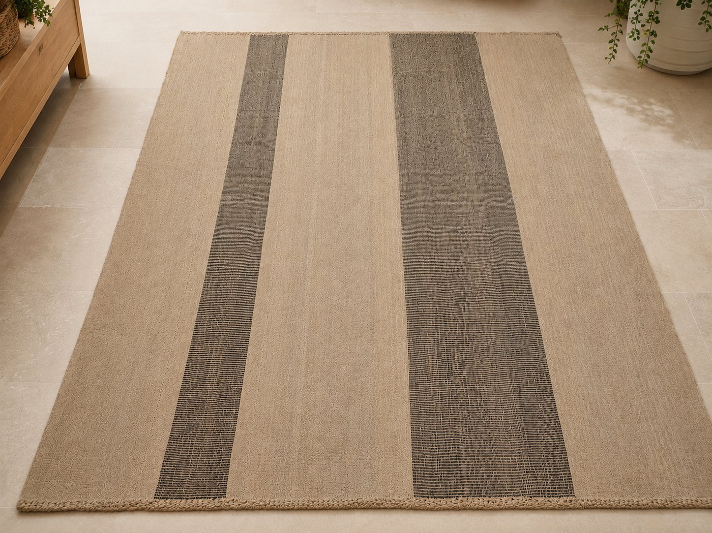 Ecru, grey wide stripe handwoven goat hair rug