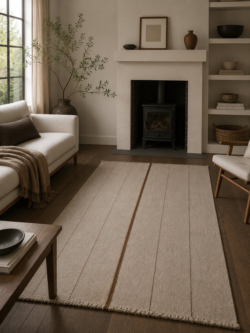 Cream, brown centre stripe handwoven goat hair rug
