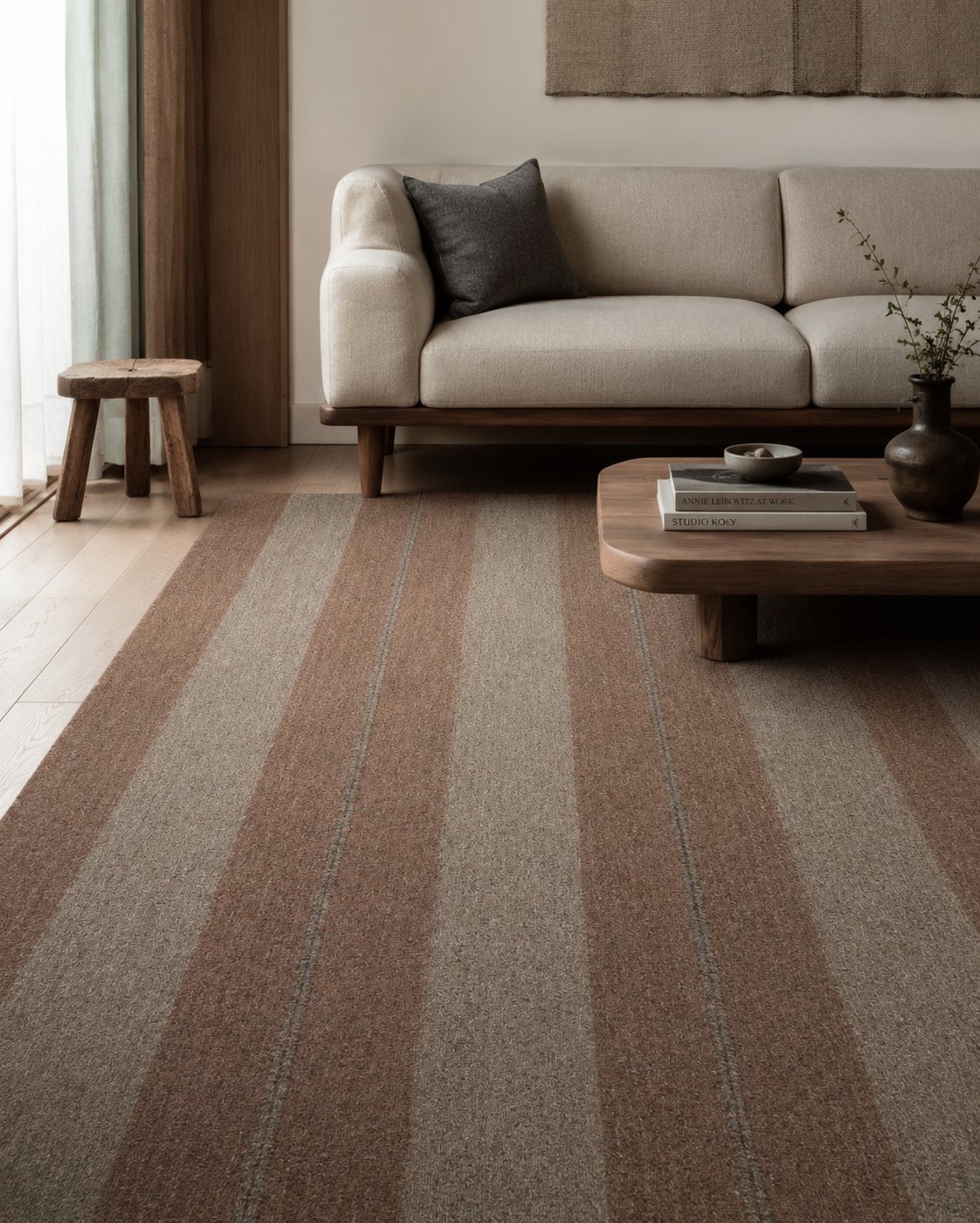 Brown & ecru, broad stripe handwoven goat hair rug