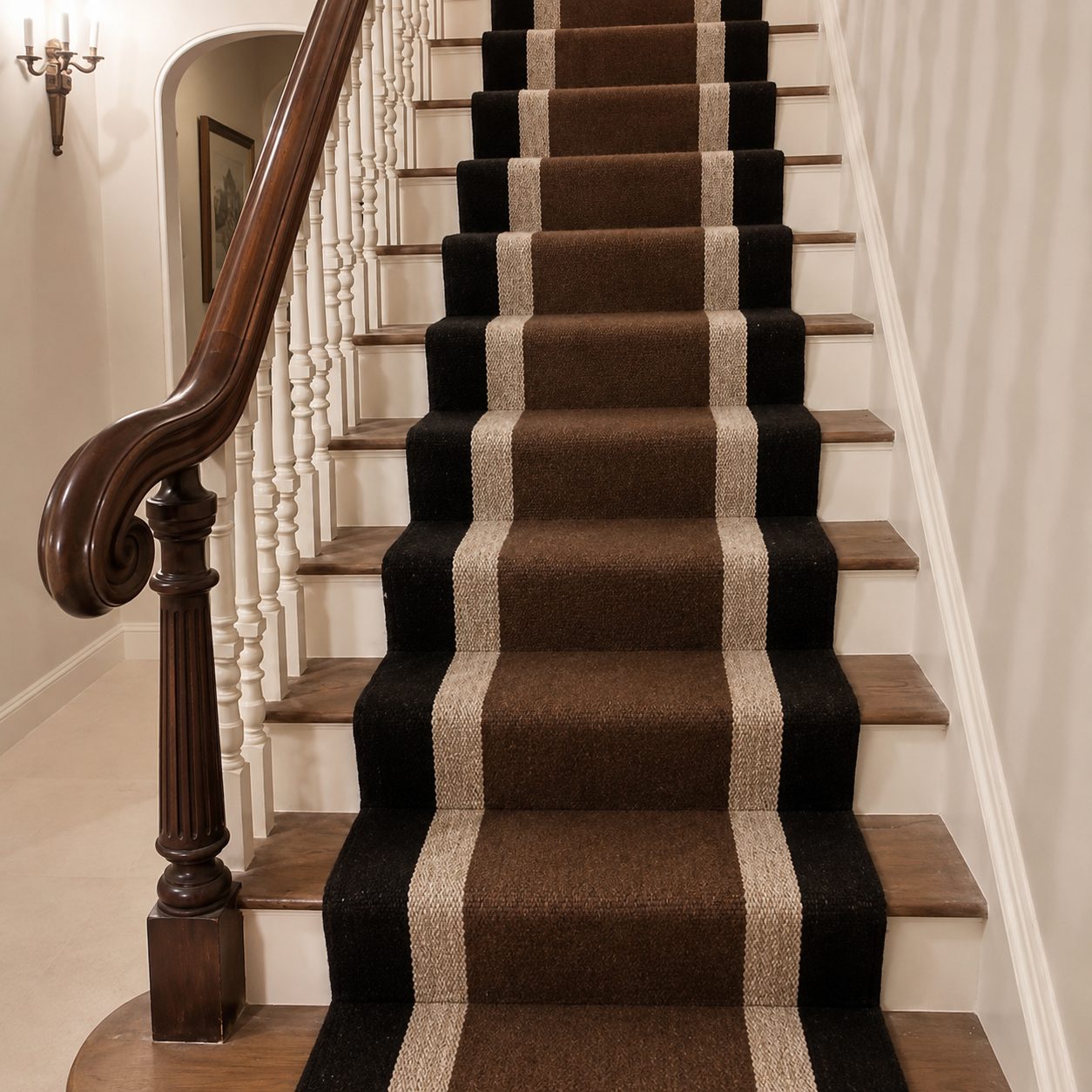 Deep brown black and cream bold stripe handwoven goat hair stair runner