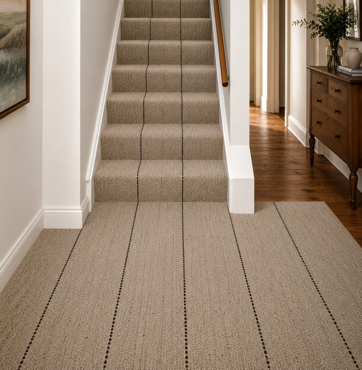 Cream dark dotted pinstripe handwoven goat hair stair runner