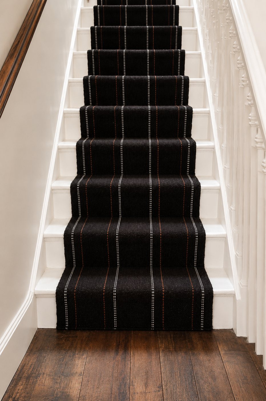 Black with cream and brown pinstripe handwoven goat hair stair runner