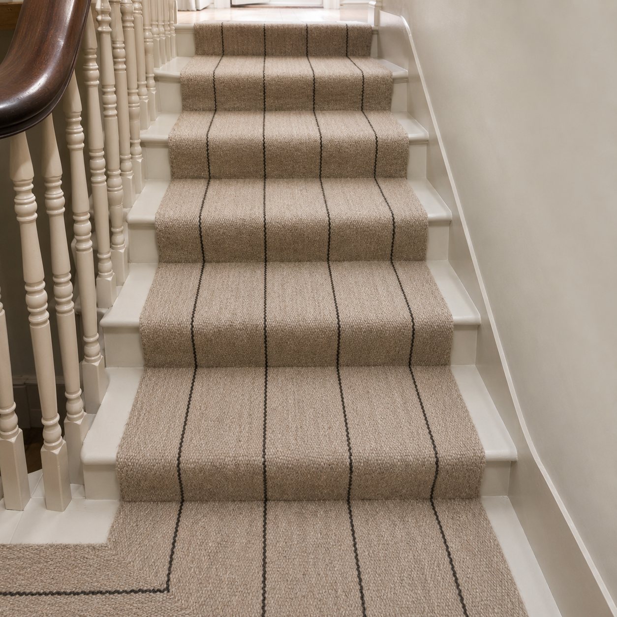 Ecru with single dark centre stripe handwoven goat hair stair runner